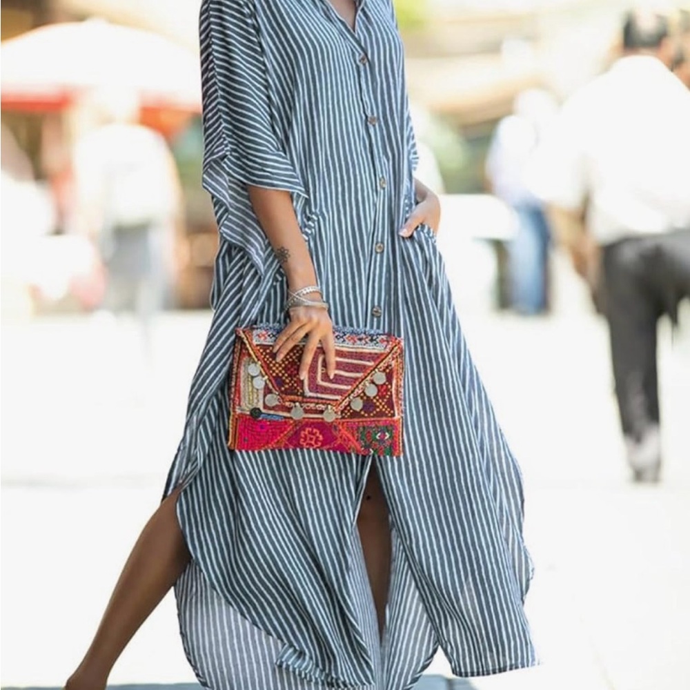 Grey Striped Kaftan Dress